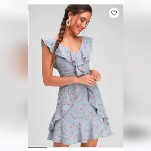 NWT Lulus Radiant Rosa Light Blue Floral Print Ruffled Mini Dress, Size Large